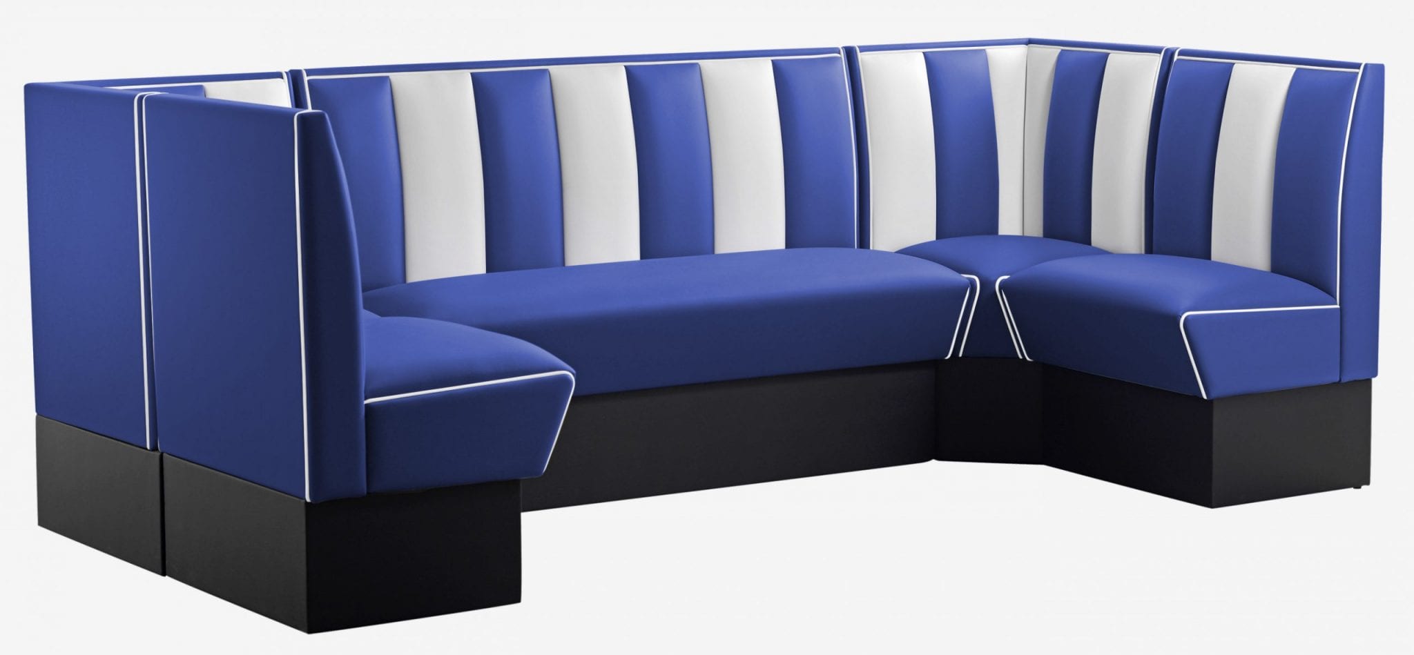 banquettes vintage de restaurant en U vinyle bicolore bleu et blanc
