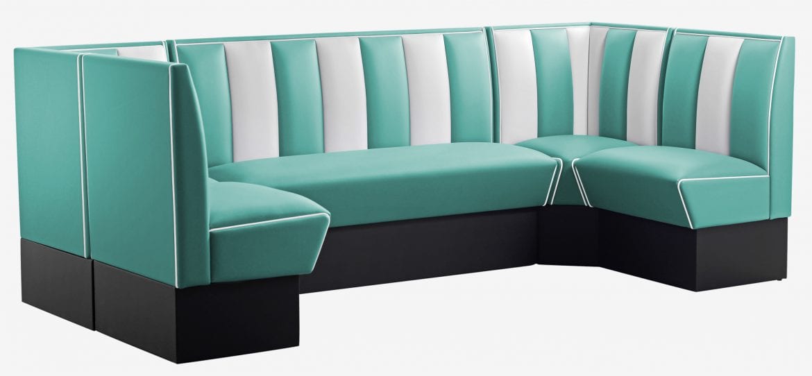 coin repas en U banquettes vinyle bicolore turquoise et blanc