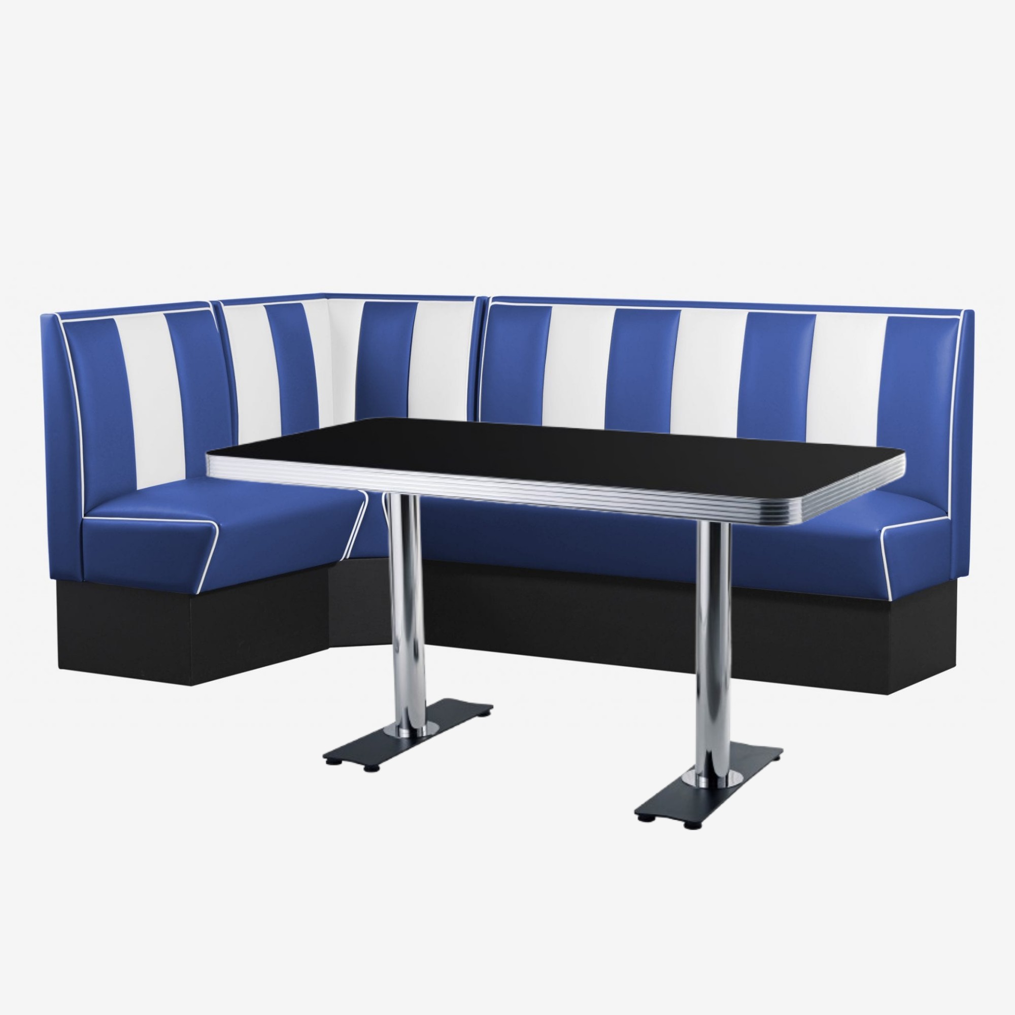 mobilier de Diner américain en vinyle bleu et blanc et table chromée 2 pieds