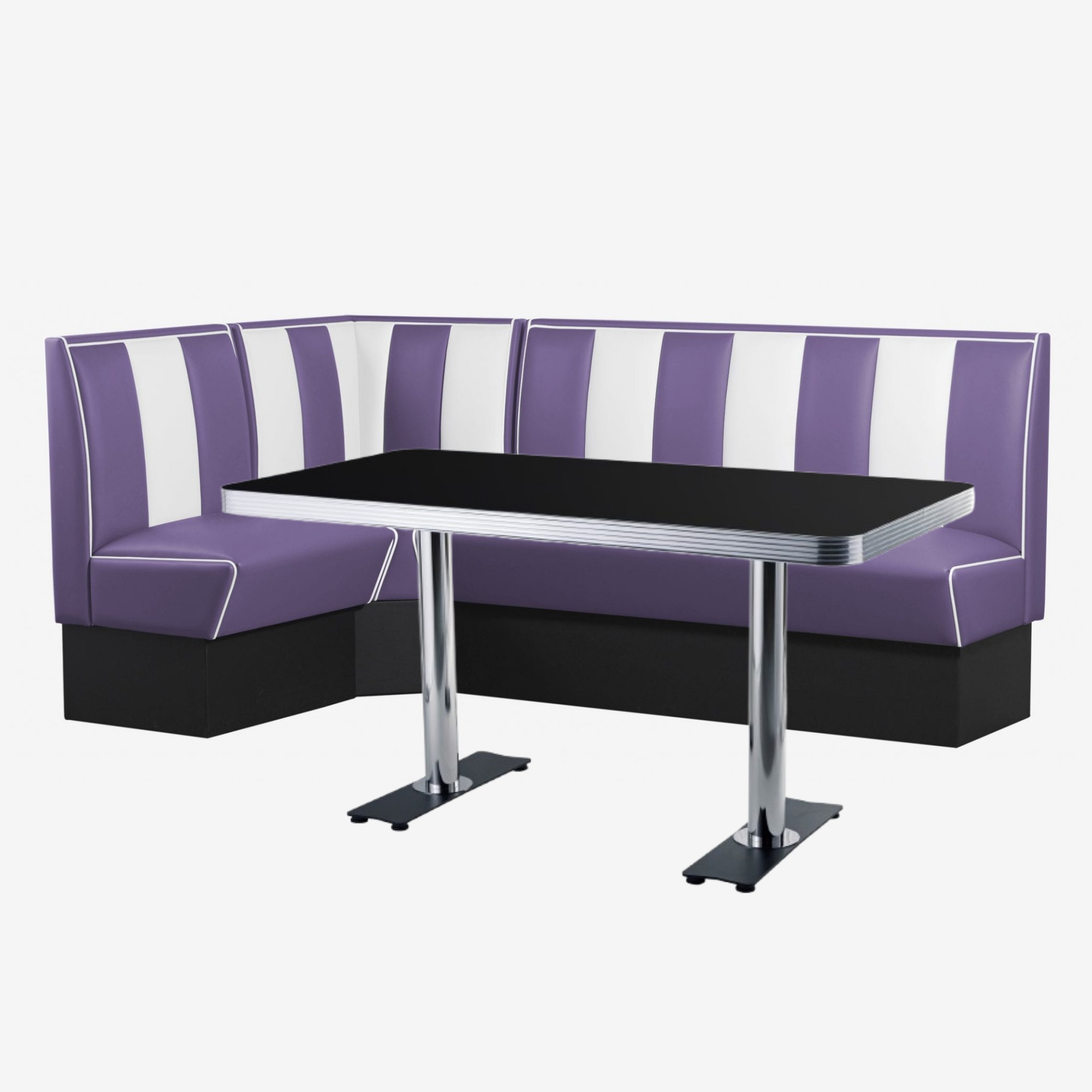ensemble de repas pour cuisine avec table chromée et banquettes bicolore violet blanc