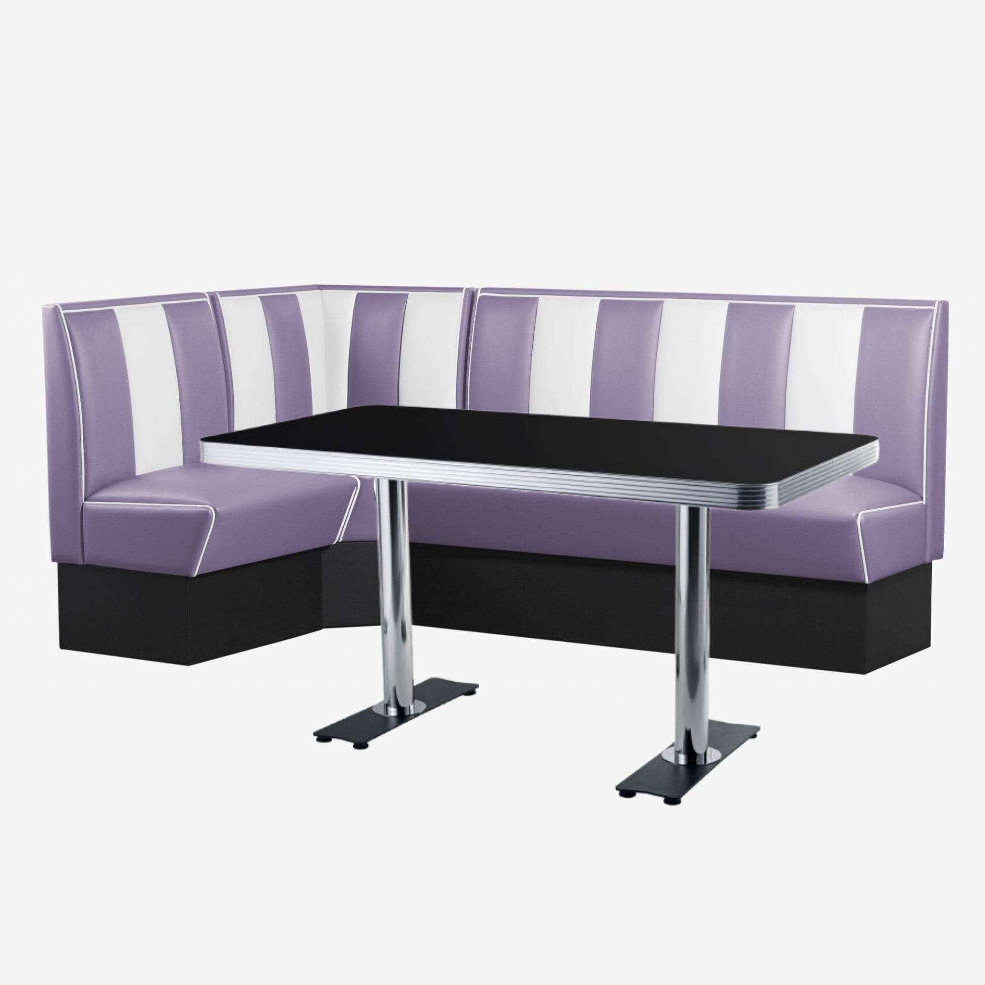 angle de salle à manger avec banquettes vinyle mauve et table rétro