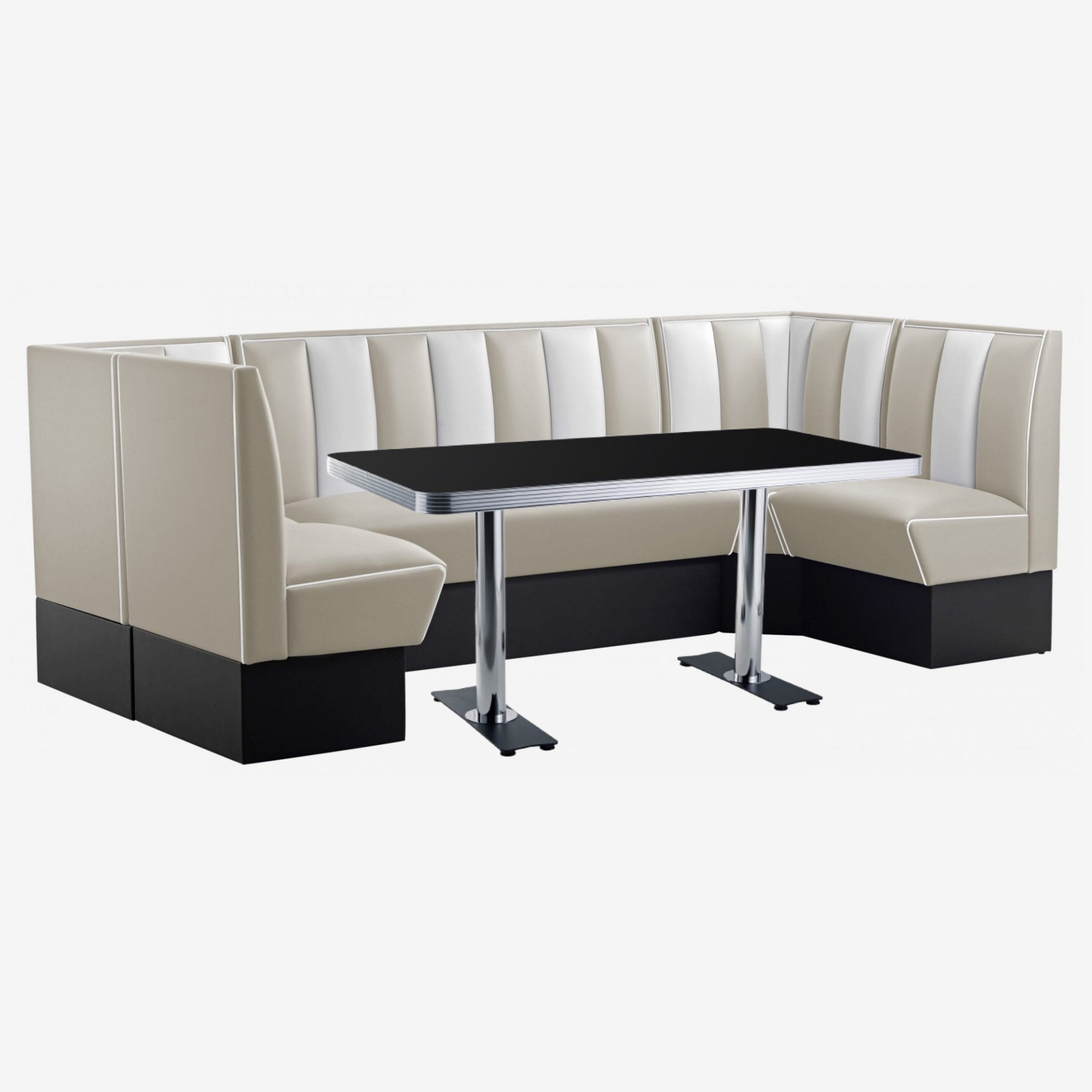 meubles à manger banquettes en vinyle beige et blanc avec table chromée