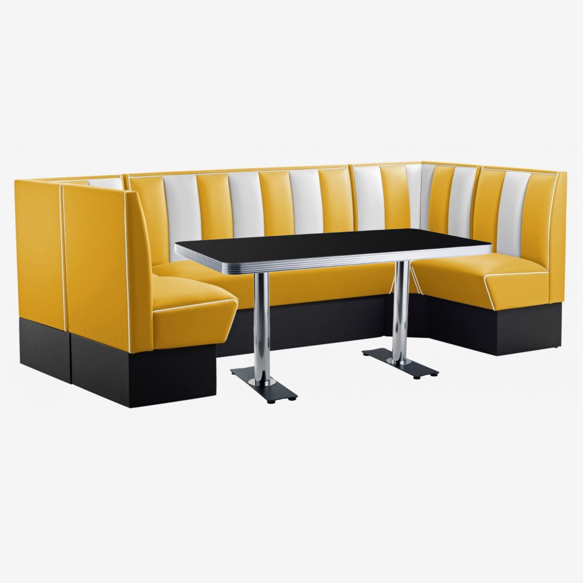mobilier de restaurant vintage banquettes en U vinyl jaune et table en formica chromée