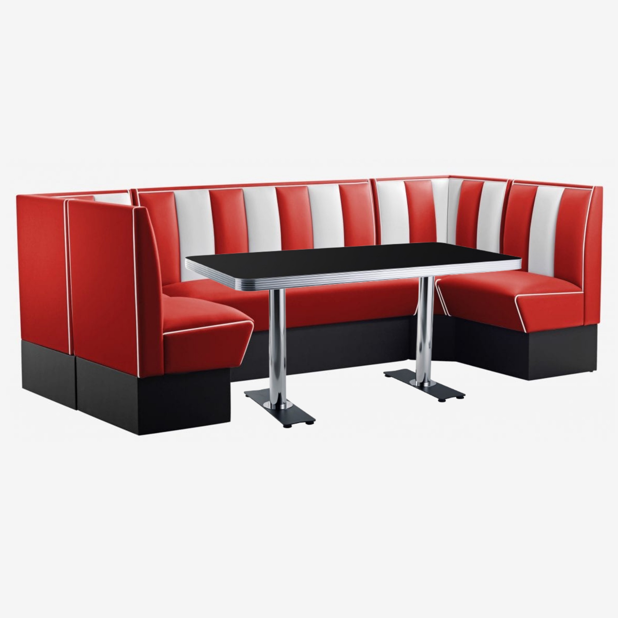 meubles de cuisine américaine banquettes en vinyle rouge et table chromée noire