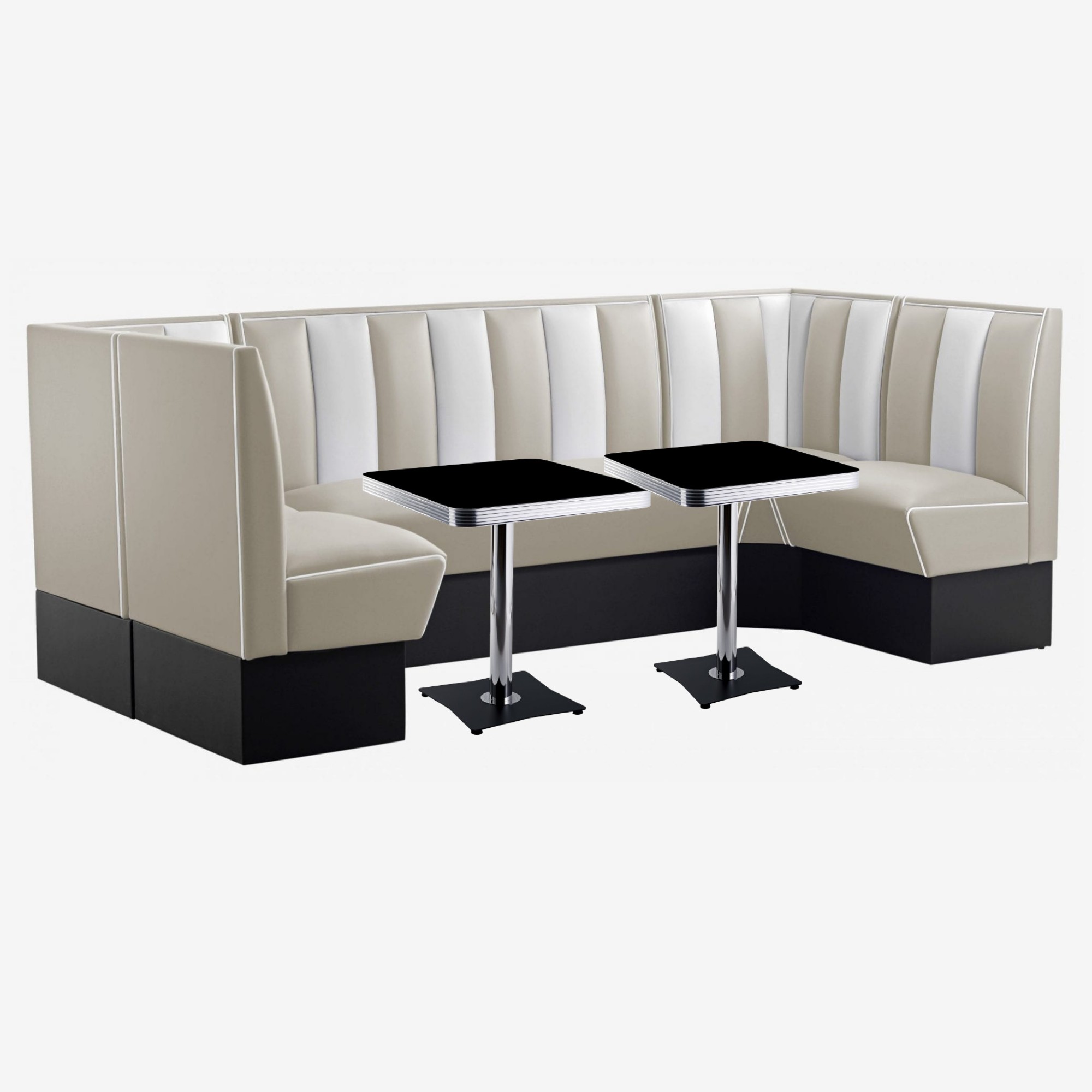 banquettes de Diner vintage en U beige et blanc avec deux tables carrées de bar