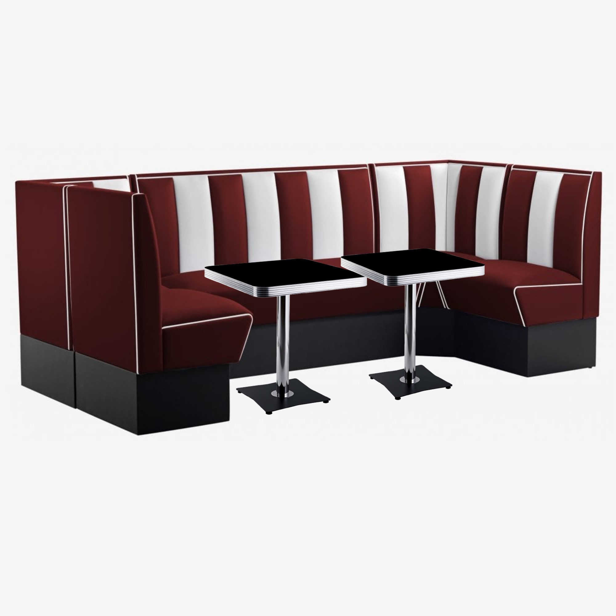 coin repas 50s banquettes en vinyle rouge ruby-blanc deux tables de bar carrées