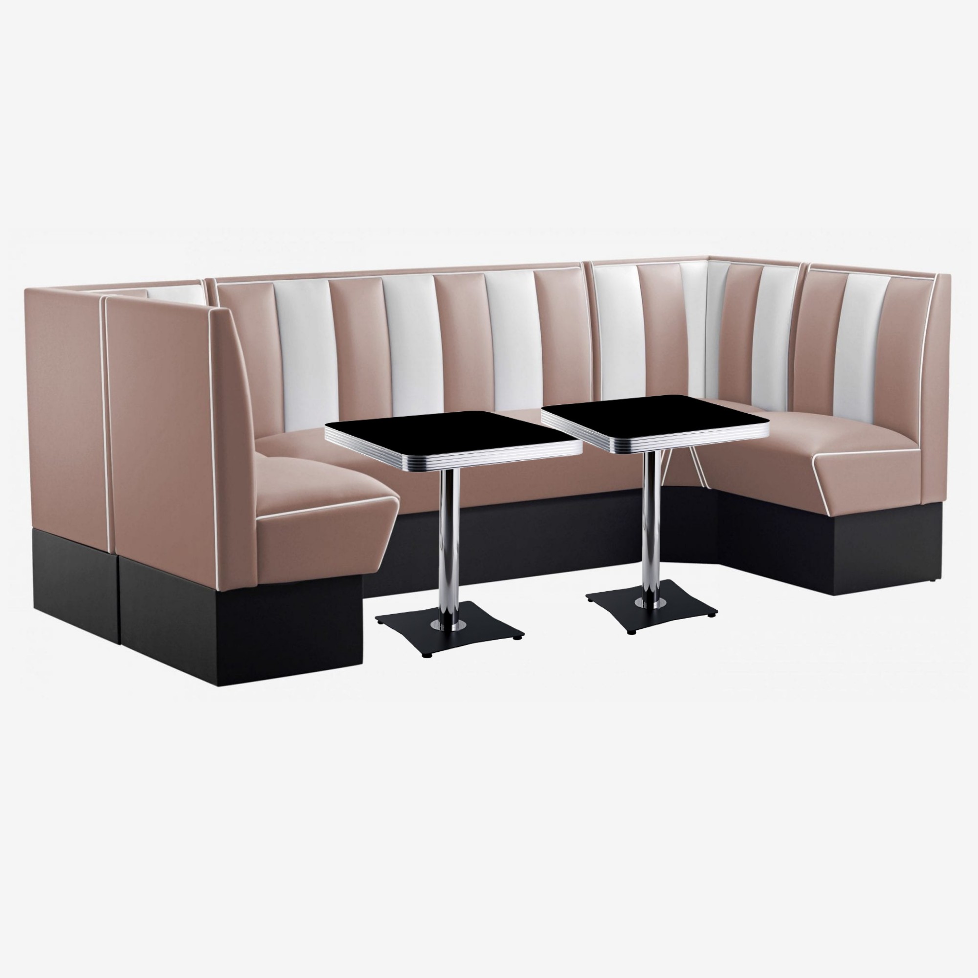 coin repas américain en U banquettes vinyle bicolore rose et blanc deux tables de bar