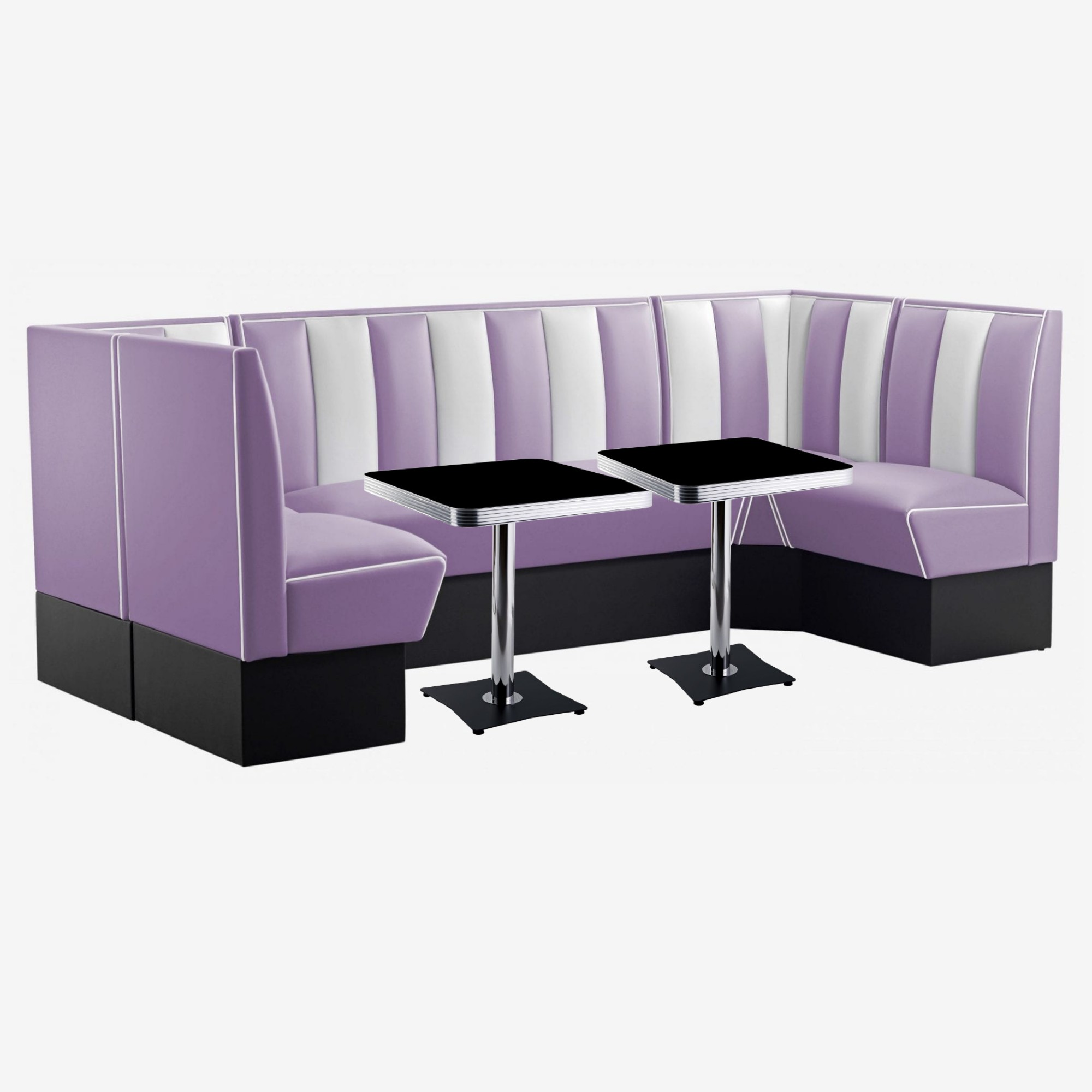 ensemble banquettes américaines en vinyle bicolore mauve et tables carrées rétro