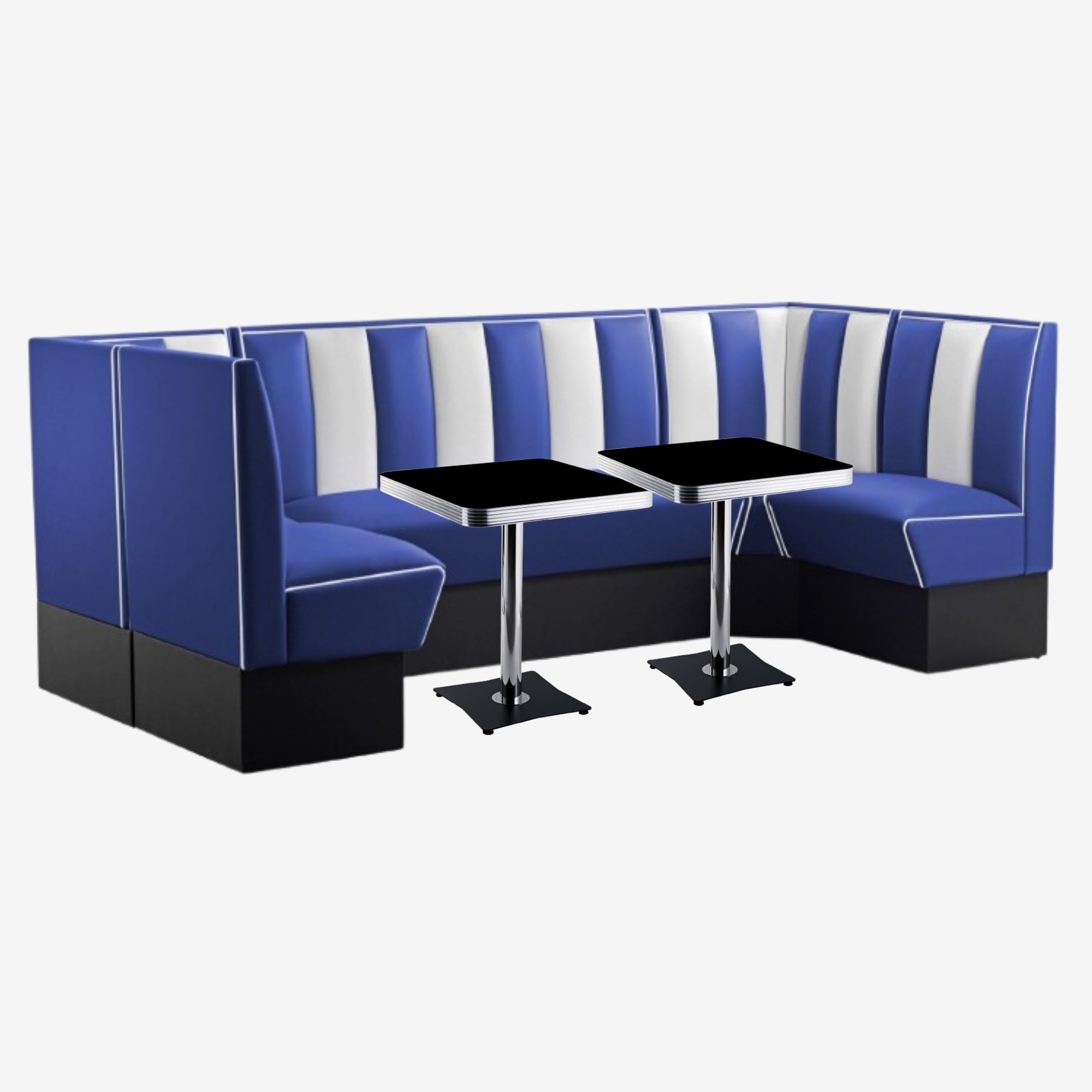 ensemble de banquettes de Diner américain en U vinyle bleu et 2 tables en formica