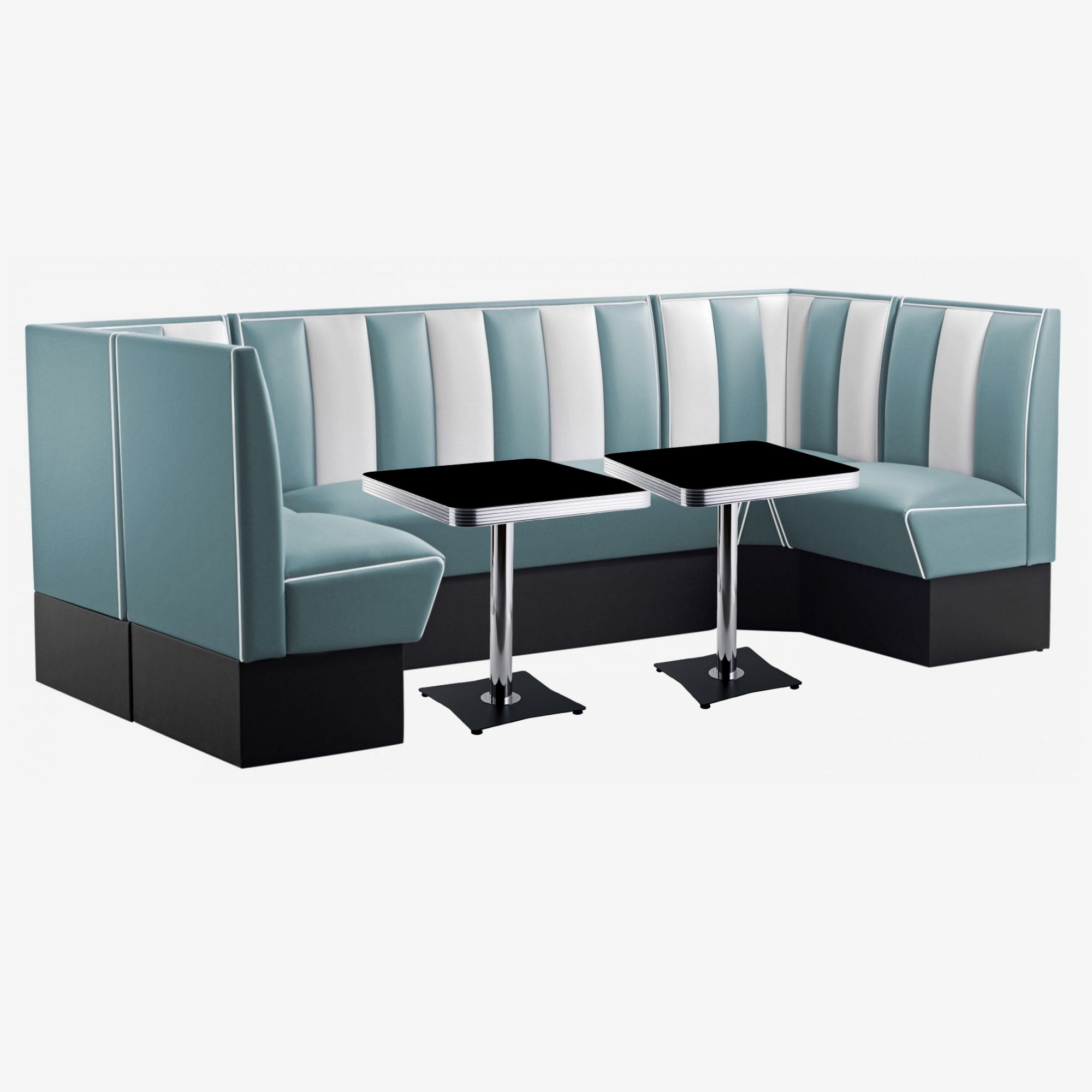 ensemble Diner américain vintage banquettes bleu et tables formica carrées