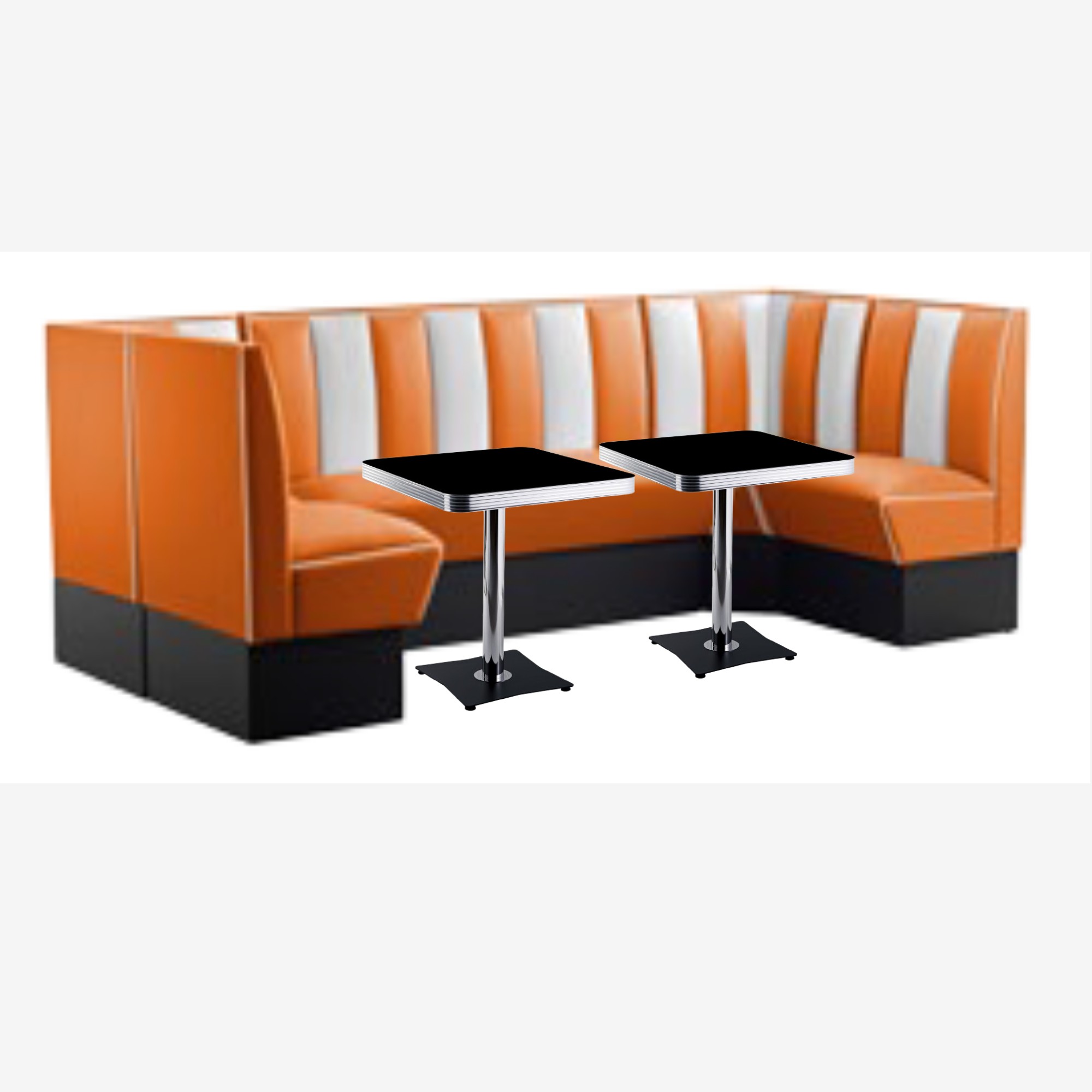 combinaison de banquettes de Diner en U vinyle orange et 2 tables 1 pid chromé