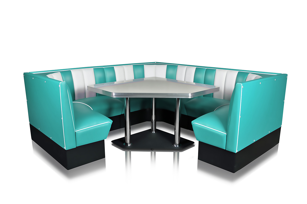 angle de cuisine américaine banquettes turquoise et table dangle