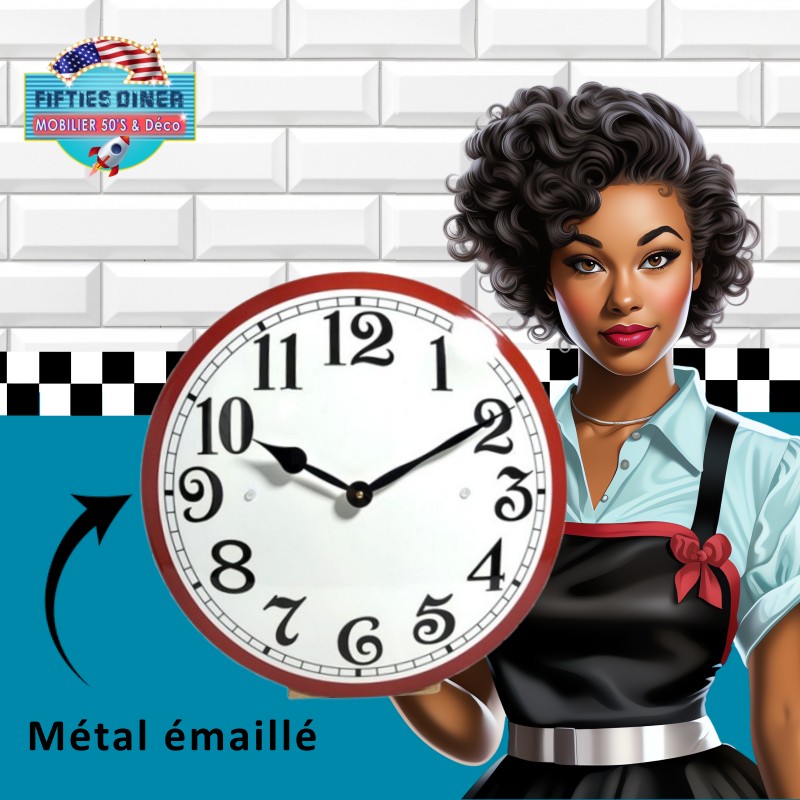 horloge murale émaillée vintage contour rouge