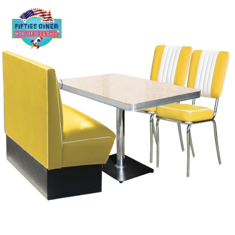 ensemble de cuisine américaine avec banquette en vinyle et chaises bicolores jaunes assorties