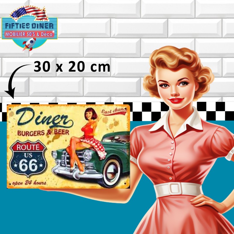 plaque métal route 66 Diner burgers 20x30 cm