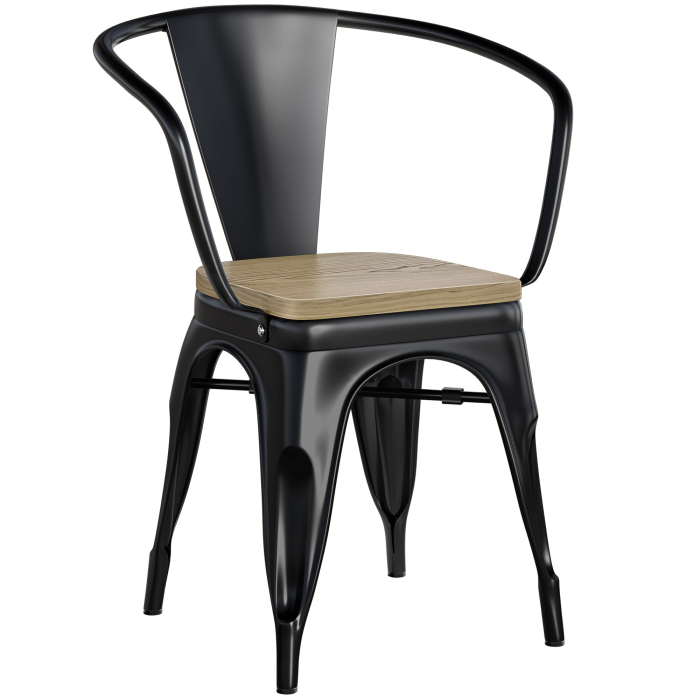 chaine rétro industrielle métal noir siège bois chêne