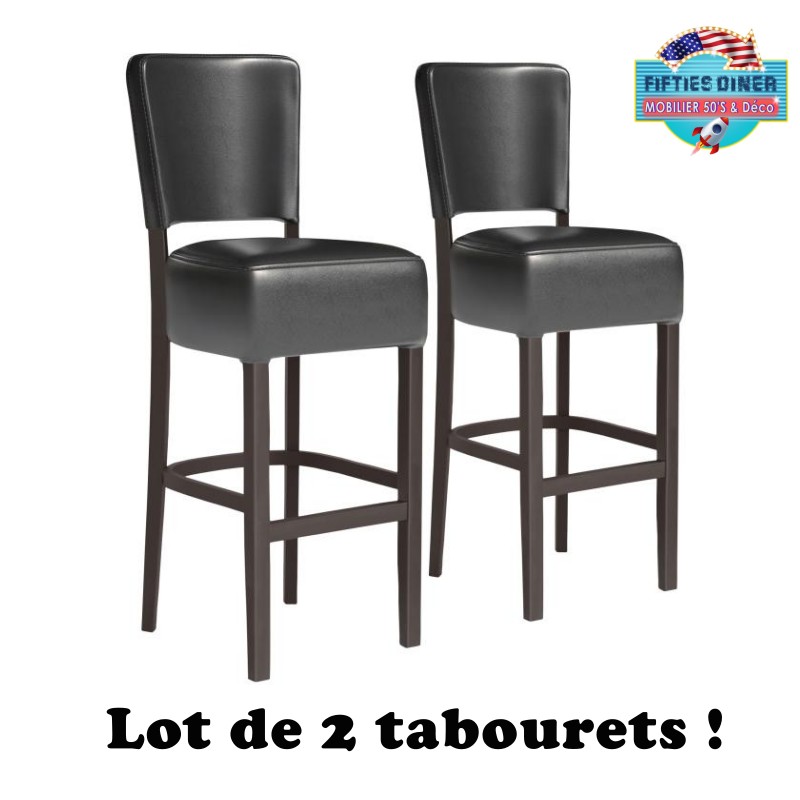 tabourets de bar américains rétro en bois et vinyle noir