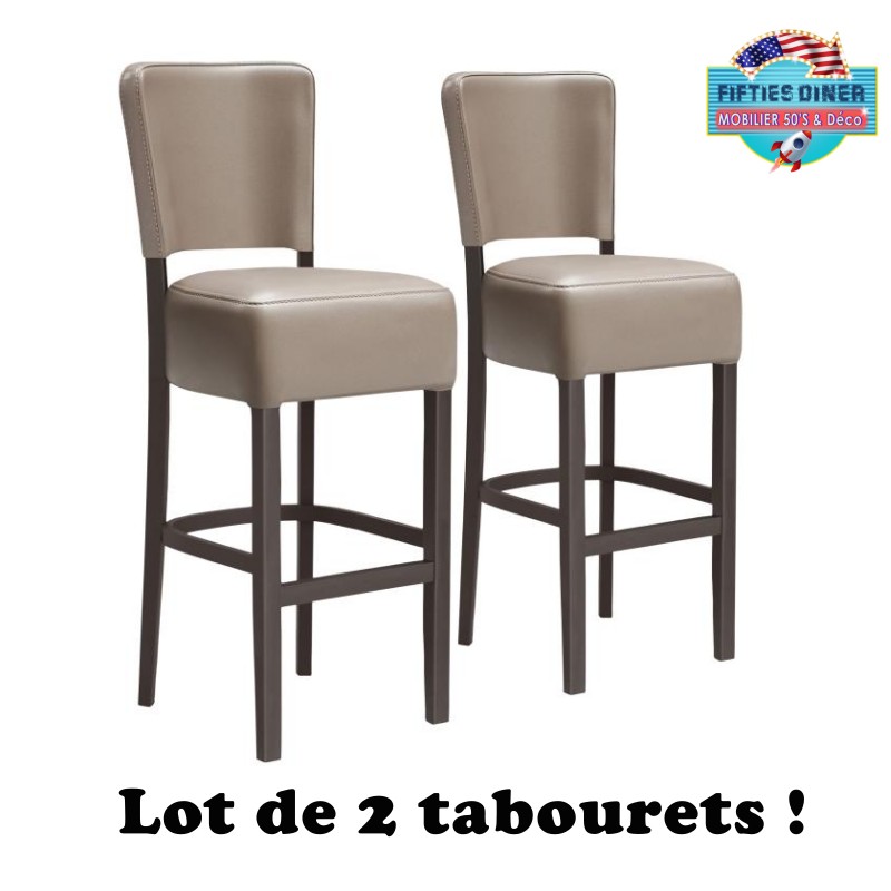 tabourets de bar américains rétro en bois et cuir beige taupe