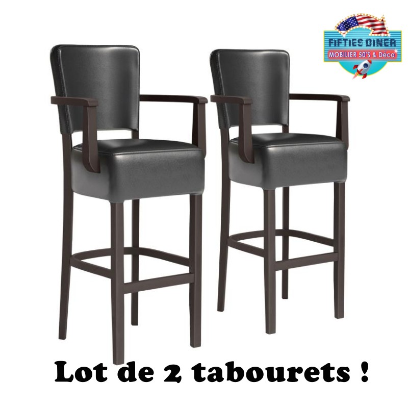 paire de tabouret américains avec accoudoirs et dossier en vinyle noir