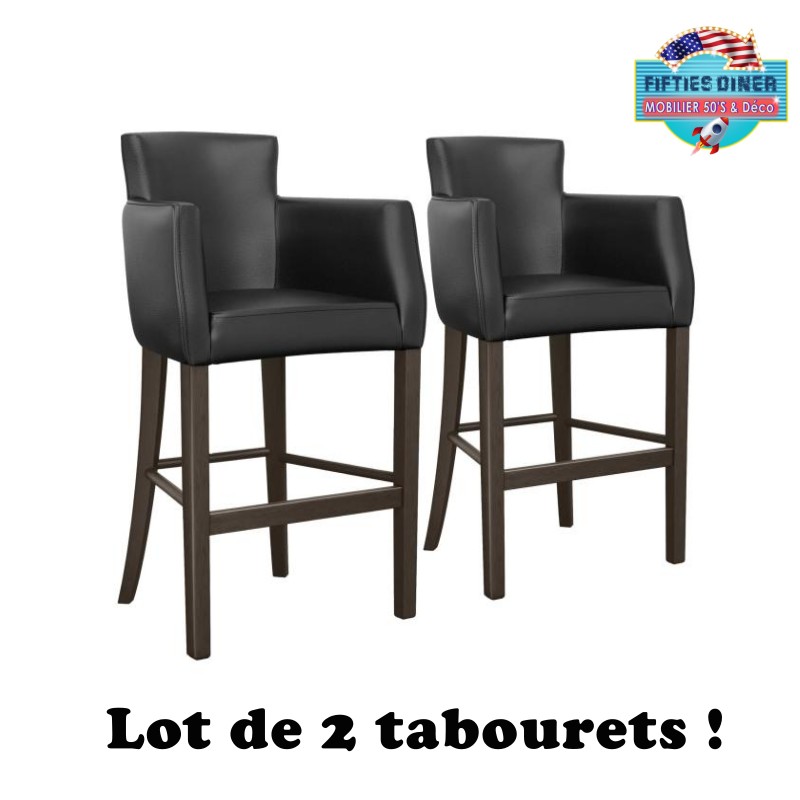 paire de tabouret américains rétros rembourrés en éco-cuir noir