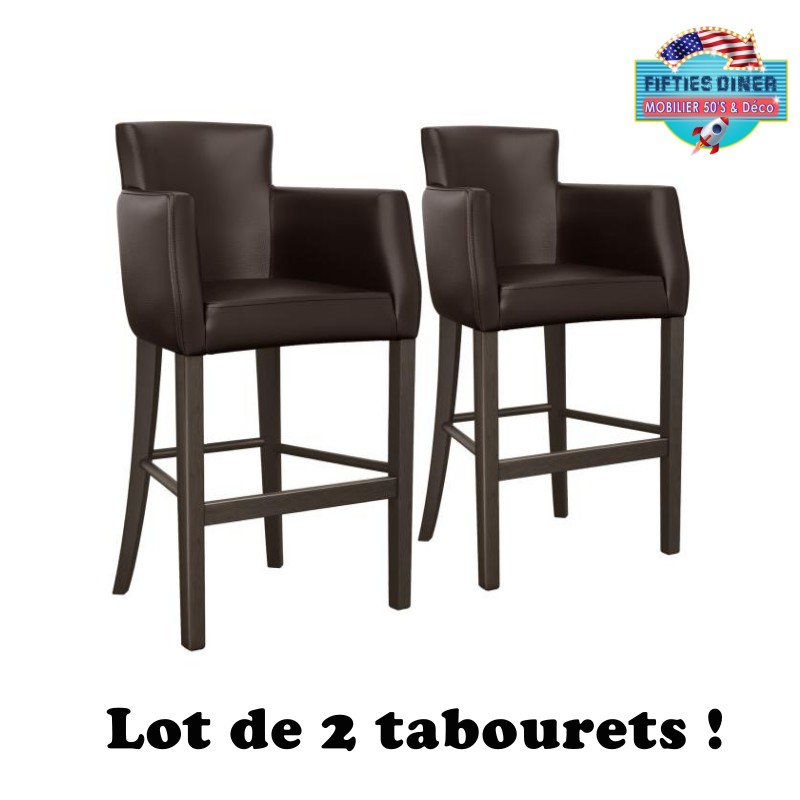 paire de tabouret américains rembourrés en cuir marron