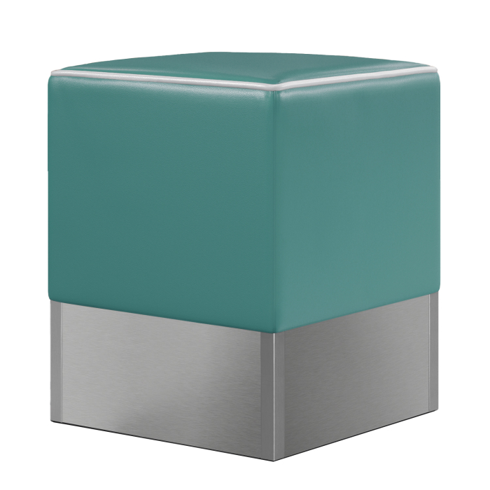 pouf rétro base inox vinyle turquoise passepoil blanc
