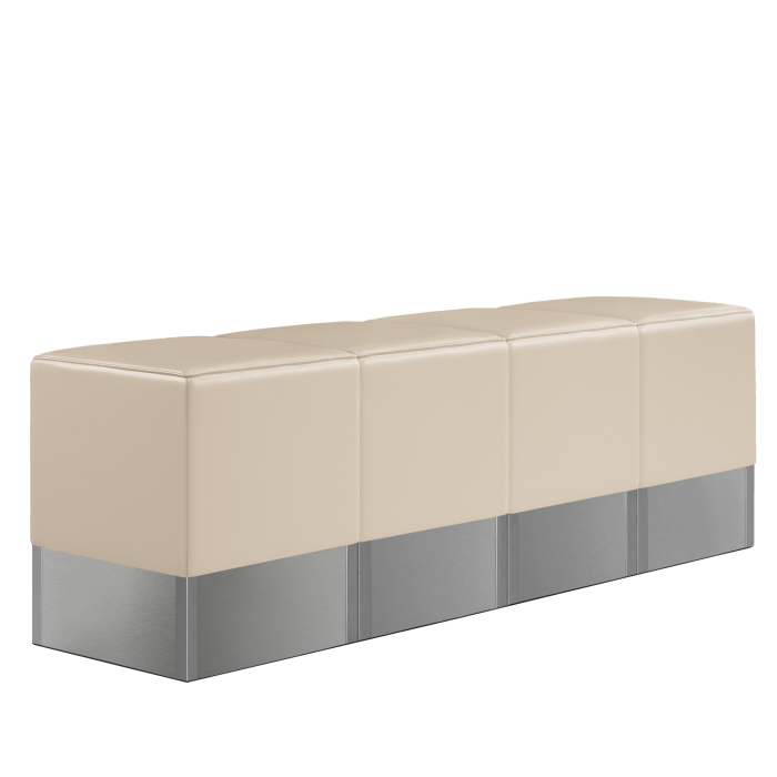 banquette de salle à manger en poufs rétro en vinyle crème et base inox