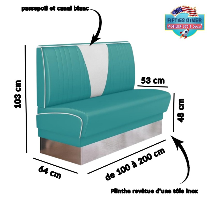 banquette de Diner Boston avec passepoil blanc et canal de dossier blanc