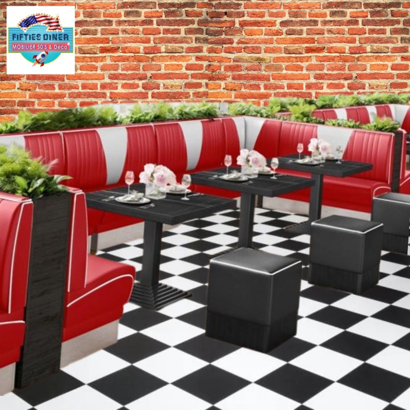 banquettes de Diner 50s rouge avec canal en V blanc pour restaurant et cuisine