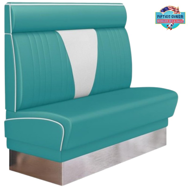banquette de Diner vintage Boston avec repose-têteen vinyle turquoise et plinthe inox