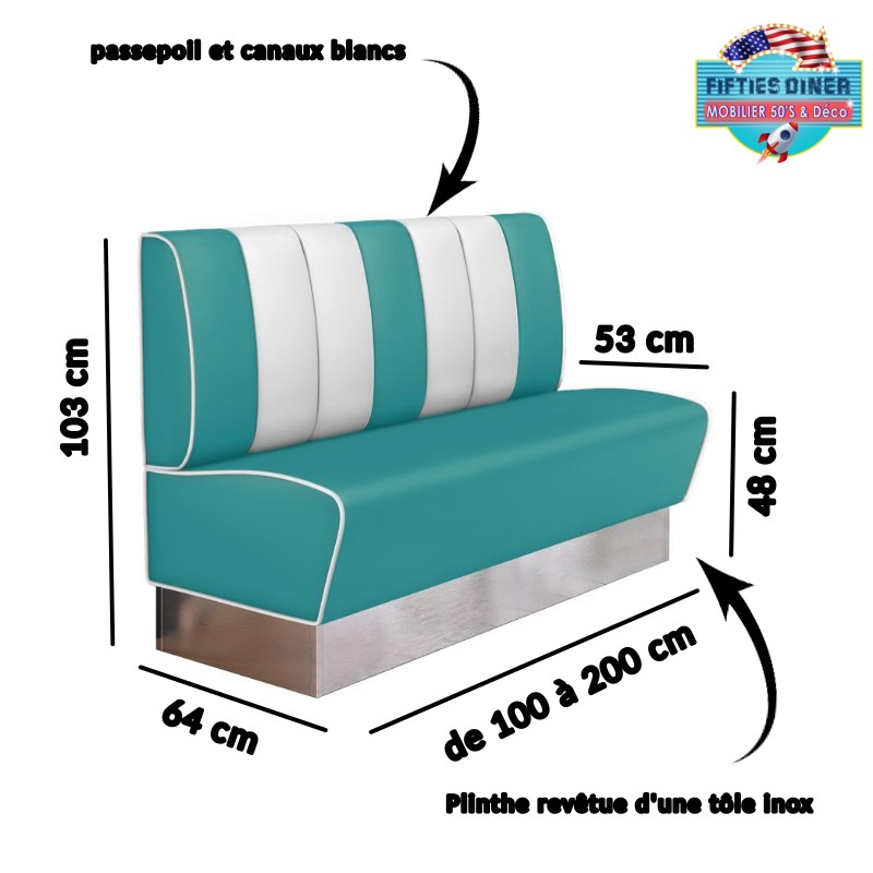 banquette américaine de cuisine rétro Kansas en vinyle bicolore plinthe inox