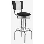 tabouret de bar chromé avec dossier bicolore en vinyle noir et blanc