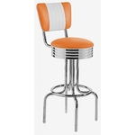 tabouret de bar chromé dossier bicolore pivotant vinyle orange et blanc