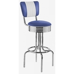 tabouret vintage bleu et blanc avec dossier et assise en vinyle