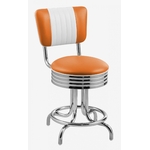 tabouret vintage avec dossier en vinyle bicolore orange et blanc