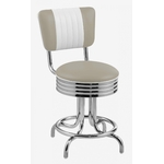tabouret pivotant chromé avec dossier en vinyle beige et blanc