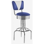 tabouret américain pivotant chromé dossier bicolore bleu et blanc