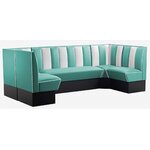 coin repas en U banquettes vinyle bicolore turquoise et blanc