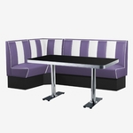 ensemble de repas pour cuisine avec table chromée et banquettes bicolore violet blanc