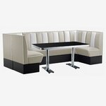 meubles à manger banquettes en vinyle beige et blanc avec table chromée