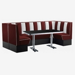 banquettes de restaurant en U vinyle rouge ruby et table formica chromée
