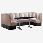 coin repas vintage en U banquettes vieux rose et table en formica chromée