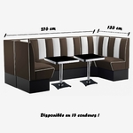 coin cuisine vintage banquettes vinyle bicolore marron-blanc et tables carrées en formica
