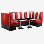 ensemble meubles salle à manger américain banquettes rouges et tables formica