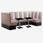 coin repas américain en U banquettes vinyle bicolore rose et blanc deux tables de bar