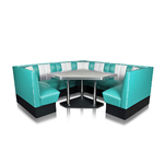 angle de cuisine américaine banquettes turquoise et table dangle