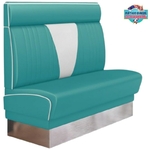 banquette de Diner vintage Boston avec repose-têteen vinyle turquoise et plinthe inox