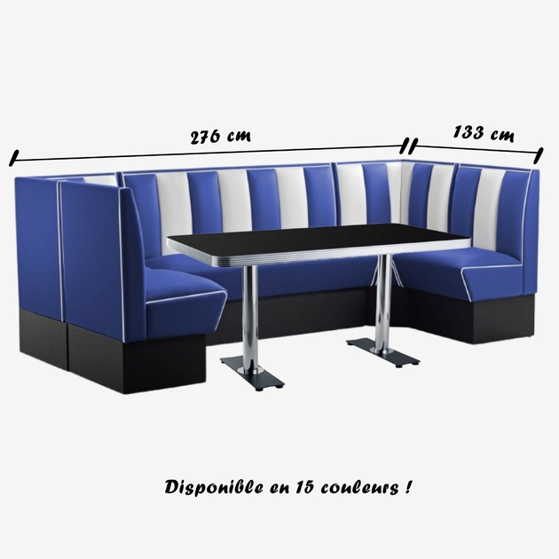 Ensemble de banquettes rétro en vinyle bleu et blanc et table chromée