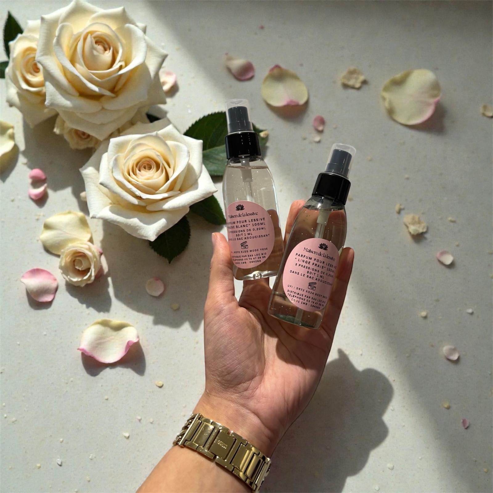 Des parfums de lessive fabriqués en France, un parfum de lessive Linge Frais et un parfum de lessive Musc Blanc