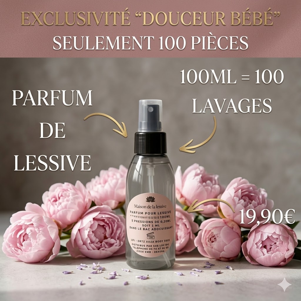 Parfum lessive maison Douceur Bébé 100ml 200ml 300ml – Maison de la Lessive, fragrance douce et rassurante